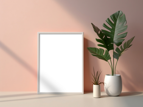 Blank horizontal decorative art transparent frame mock-up. Pink wall