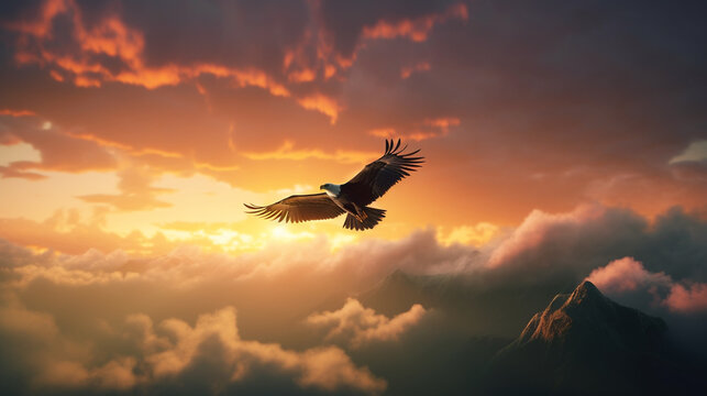 Flying eagle on beautiful sunset sky background - Bird of prey. Generative ai
