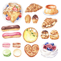 French desserts watercolor food illustration.