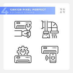 Ac maintenance linear icons set. Air conditioner repair. Hvac service. Heating system. Home appliance. Customizable thin line symbols. Isolated vector outline illustrations. Editable stroke