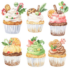 Christmas cupcakes watercolour food illustrations.