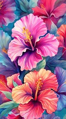 Fototapeta na wymiar Watercolor Hibiscus flower illustration. Colorful painting floral background. Generative AI