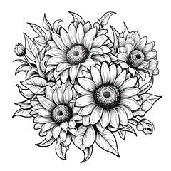 Cute Sunflower flower in coloring page style illustration. Line art painting. Generative AI