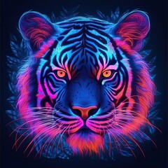 Cute Tiger animal in neon style. Portrait of glow light animal. Generative AI