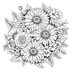 Cute Gerbera flower in coloring page style illustration. Line art painting. Generative AI