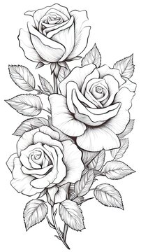 Cute Rose flower in coloring page style illustration. Line art painting. Generative AI