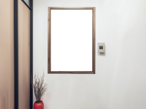 Blank vertical decorative art transparent frame mock-up in bathroom interior