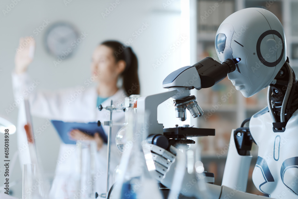 Wall mural scientist and robot working together in the lab