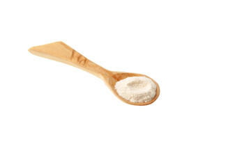 Xanthan Gum Powder in spoon on white background, close-up, selective focus. Food additive E415. Xanthan Gum used in cosmetic, and food industry. Texture improver. Binding agent