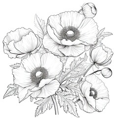 Cute Poppy flower in coloring page style illustration. Line art painting. Generative AI