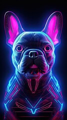 Neon light French Bulldog animal on black background. Portrait of glow light animal. Generative AI