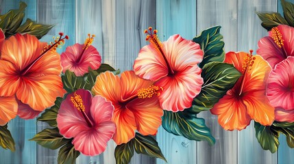 Hibiscus flowers on wooden planks background. Beautiful blooming plants. Generative AI