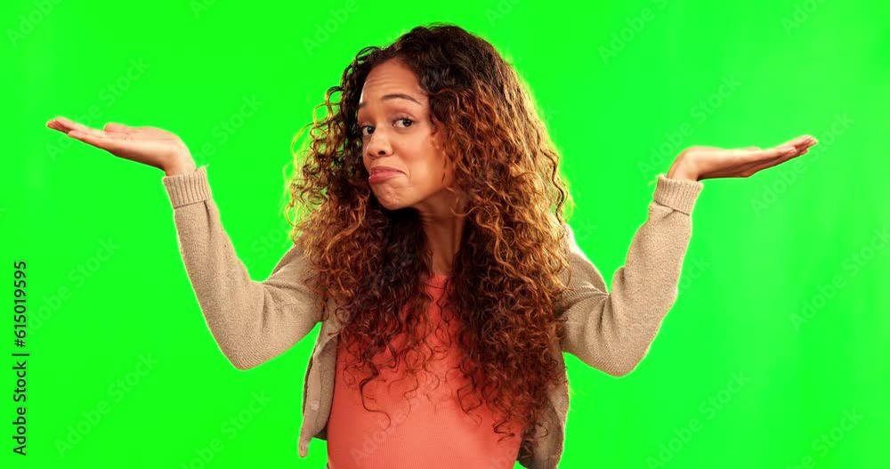 Poster Happy woman, hands and advertising in choice on green screen against a studio background. Portrait of unsure female person showing palm for advertisement, decision or selection on mockup space