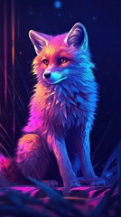 Fototapeta premium Neon light Red fo animal on black background. Portrait of glow light animal. Generative AI