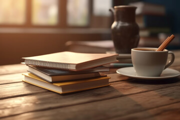 A stack of notebooks and a cup of coffee on a wooden desk, flat view, blurred background Generative AI