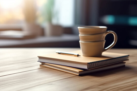 A stack of notebooks and a cup of coffee on a wooden desk, flat view, blurred background Generative AI