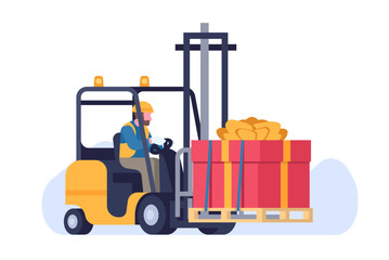 Forklift truck with large gift box. Freight transportation. Man driver moving containers on pallet. Workman loading present with ribbon. Prize delivery. Parcel shipment. Vector concept