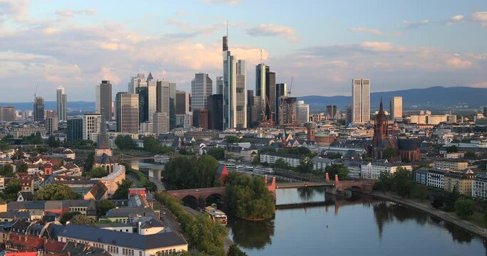 The futuristic skyline of the business and financial centre of Frankfurt am Main in Germany, Europe.
