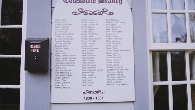 titl up to list of names on the Home of the Knights, Joseph Sr and Newel Knight and the place of the first branch of the church of Christ, Mormons located in Colesville,  New York near Bainbridge.