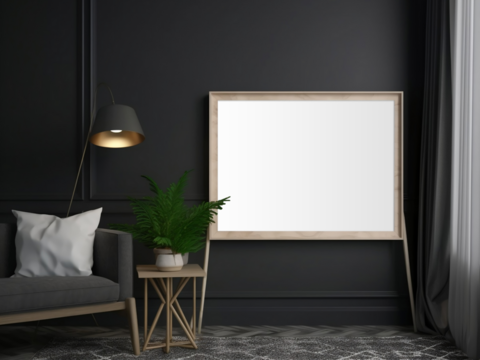 Blank horizontal decorative art transparent frame mock-up in a living room interior, modern living room interior background, black sofa.