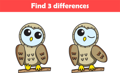 Education game for children find three differences between two owl animal cartoon. Vector illustration