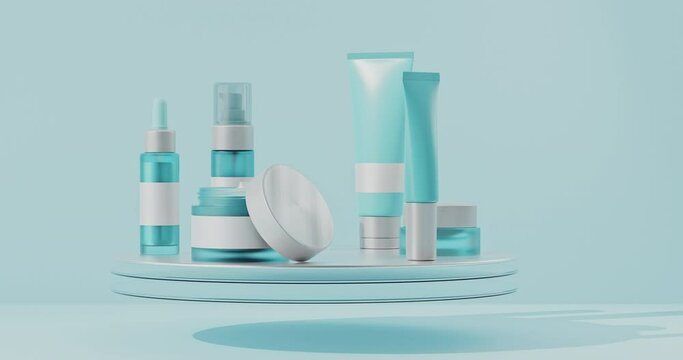 Set of cosmetic products for skin care on rotating stand. Seamlessly looped video.