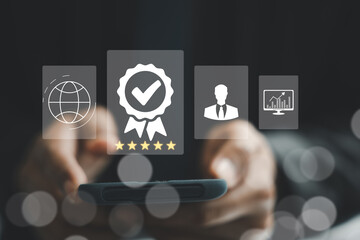 Business approval and satisfaction with assurance of quality. ISO certification and document management system present. Business people working on computers and smartphones.