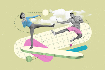 Collage portrait of two black white colors people jumping leg kick punch fight each other isolated on painted background