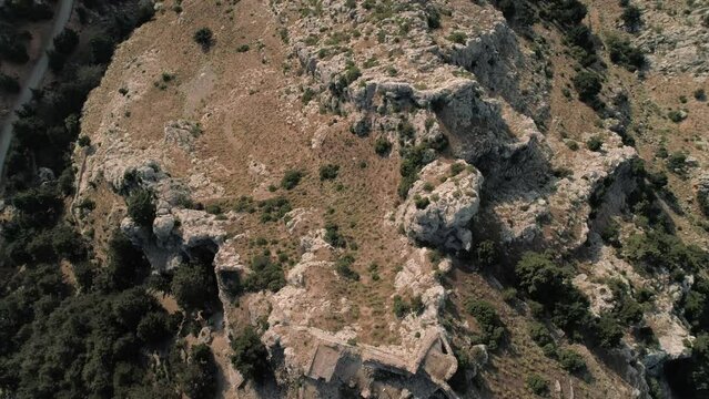 Revealing aerial of historical castle Palaio Pyli showing off the wide landscape of the greec island Kos in europe
