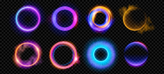 Optical halo flares with neon light vector effect set isolated on transparent background. Circle lens ring with glitter 3d digital design. Radiant speed motion design. Magic energy vortex with spark - obrazy, fototapety, plakaty