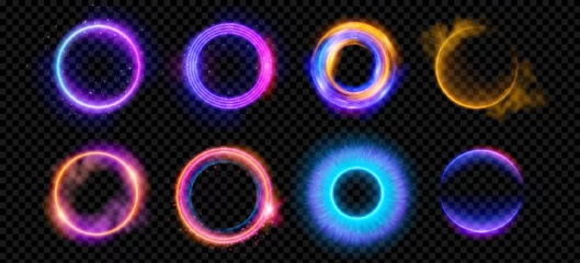 Fotobehang Optical halo flares with neon light vector effect set isolated on transparent background. Circle lens ring with glitter 3d digital design. Radiant speed motion design. Magic energy vortex with spark © klyaksun