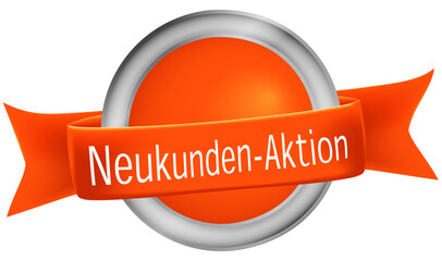 Orangenes Icon mit Text Neukunden-Aktion auf einem Band.