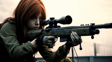 Girl sniper gun fire rifle - obrazy, fototapety, plakaty