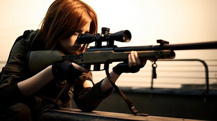 Girl sniper gun fire rifle - obrazy, fototapety, plakaty