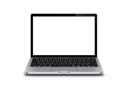 Realistic perspective front open laptop mockup with keyboard isolated on background incline 90 degree. Notebook with screen template. Blank mock on mobile computer with keypad backdrop illustration