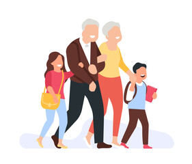 Joyful grandparents take grandchildren to school. Happy people holding hands. Elderly parents. Grandfather and grandmother walking with children. Family relationship. Vector concept