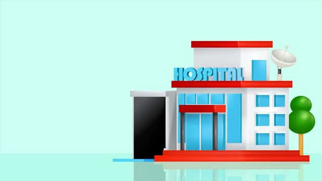 Hospital building and ambulance car. 3D animation of an ambulance leaving a hospital building. Perfect for elements and presentations