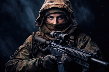 Fototapeta premium Photo of soldier holding a gun, sniper