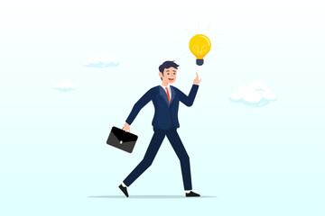 Businessman holding suitcase thinking and got bright light bulb lamp on his finger,business idea, businessman company leader got solution to solve business problem, creativity thinking (Vector) 