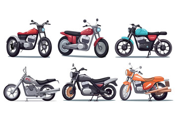 Set of motorbikes. Dynamic cartoon illustration showcasing a set of cool motorbikes in a creatively designed and vibrant environment. Vector illustration.
