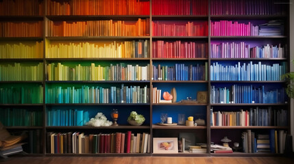a book shelf with multiple colorful books on it. online meeting background. education. 