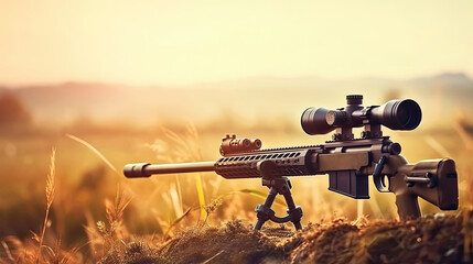 A sniper rifle from a rifle with an optical sight. On the Sunset. Sports shooting and hunting concept, copy space for text - obrazy, fototapety, plakaty