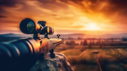 Tuinposter A sniper rifle from a rifle with an optical sight. On the Sunset. Sports shooting and hunting concept, copy space for text © Sasint