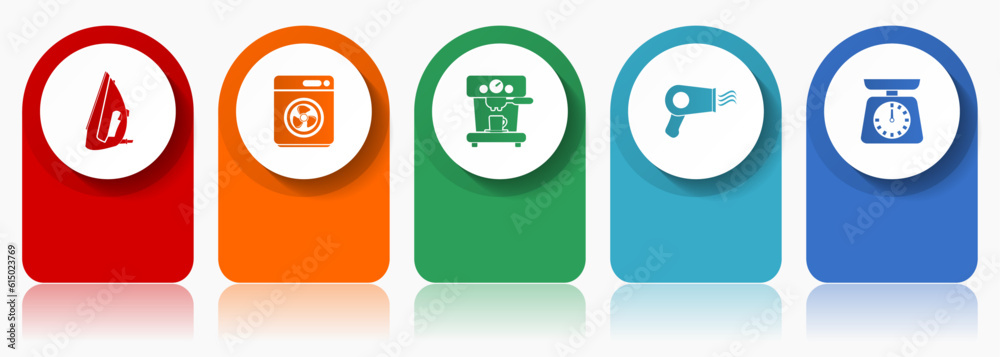Poster household appliances icon set, flat design miscellaneous colorful icons such as iron, dryer, coffee 