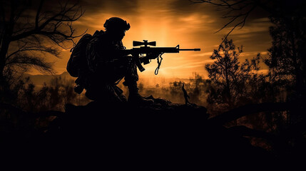 Photo of Silhouette of military sniper, Army background, soldiers silhouettes. - obrazy, fototapety, plakaty