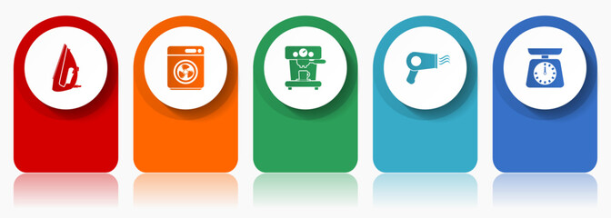 Household appliances icon set, flat design miscellaneous colorful icons such as iron, dryer, coffee maker adn kitchen scale for webdesign and mobile applications, infographic vector template in eps 10