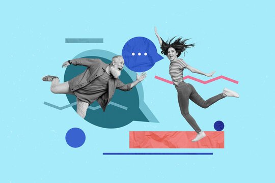 Collage picture of two black white colors excited people running dialogue bubble communicate isolated on blue background