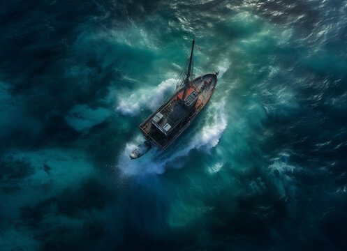 Aerial view of fishing boat in blue lagoon, generative ai.