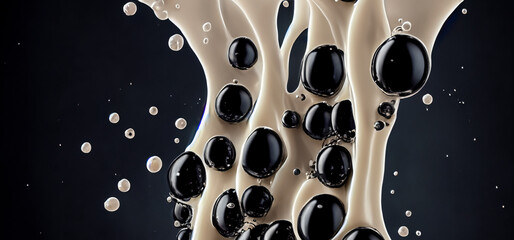 Bubble milk tea with tapioca balls splashing against black background. Taiwan milk tea with Boba or black pearl bubbles. Taiwanese drinking. Orange Latte milktea splash isolated on black. Close up.