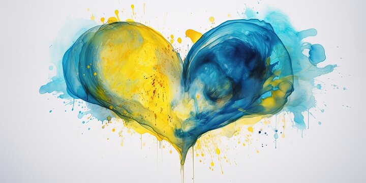 Splashes of blue and yellow paint in the shape of a heart.